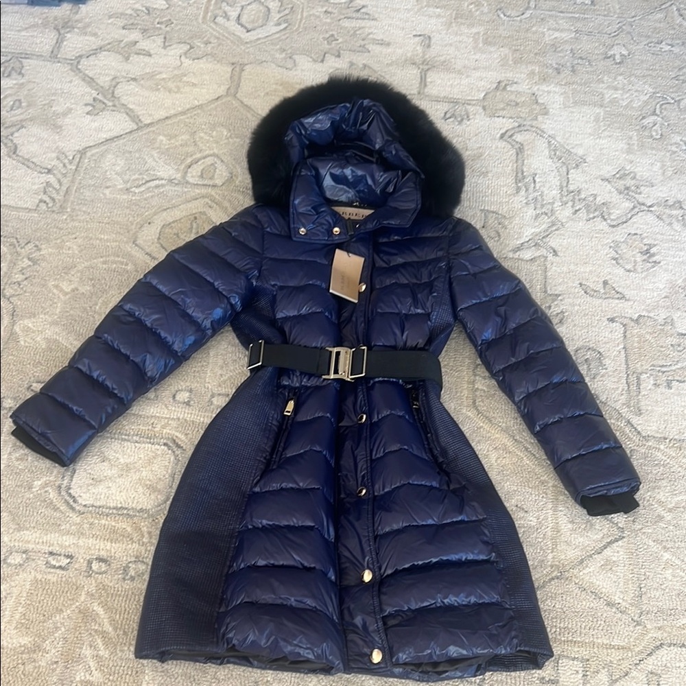 Burberry Navy Puffer Coat with Belt